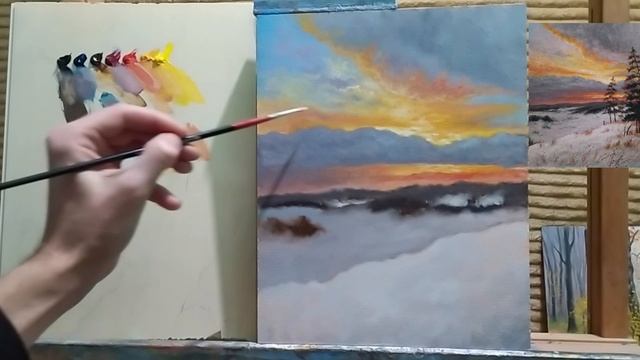 Как нарисовать закат|зимний пейзаж| #живопись #art #уроки #арт смотреть онлайн