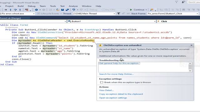 VB.net with MS access: Fix error No value given for one or more required parameters смотреть онлайн