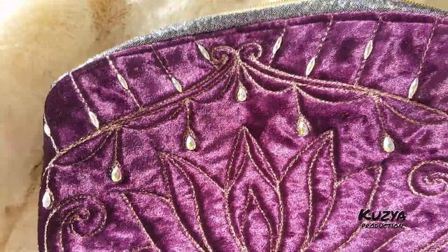 Eggplant velvet clutch bag with rhinestones Lotus | Бархатная стеганая косметичка со стразами Лотус смотреть онлайн
