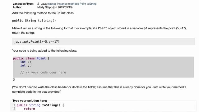 Java Practice It | Self-Check 8.14: toStringPoint | classes, instance methods, Point, toString смотреть онлайн