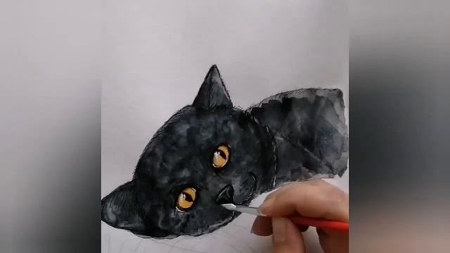 Рисование чёрного кота акварелью. смотреть онлайн