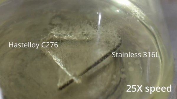 Demonstration of stainless 316L corrosion (compared to Hastelloy) in concentrated hydrochloric acid