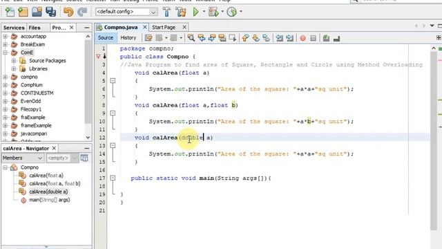 java Program to find area of Square, Rectangle and Circle using Method Overloading смотреть онлайн