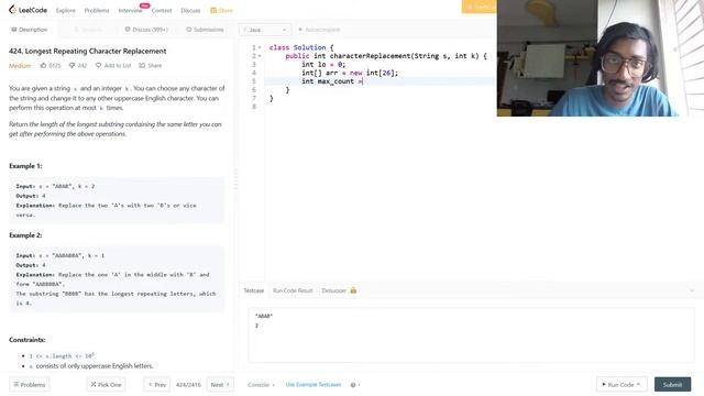 424. Longest Repeating Character Replacement- leetcode solution by ARAVIND A in java смотреть онлайн