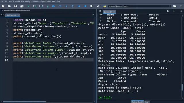 60. DataFrame Metadata in Python with Code || info(), describe(),index(), columns(), dtype(), size( смотреть онлайн