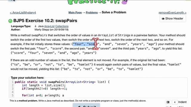Java Practice It | Exercise 10.2: swapPairs | ArrayList, collections, array list смотреть онлайн