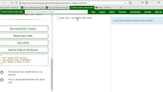 Create a Simple JSX Element- freeCodeCamp React lesson #1 смотреть онлайн
