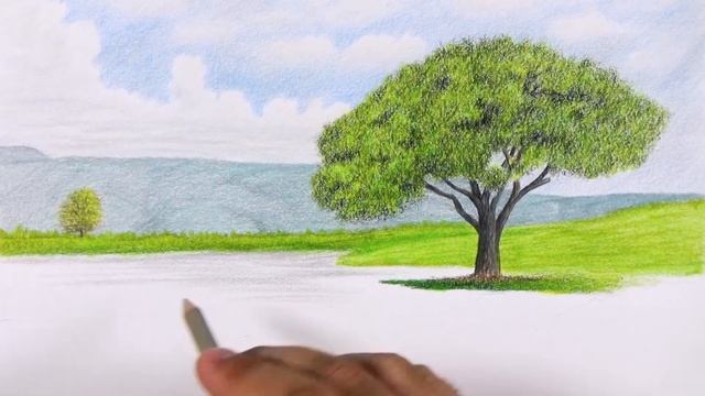 How To Draw A Landscape With Colored Pencils || Tree Drawing - Speed Drawing смотреть онлайн