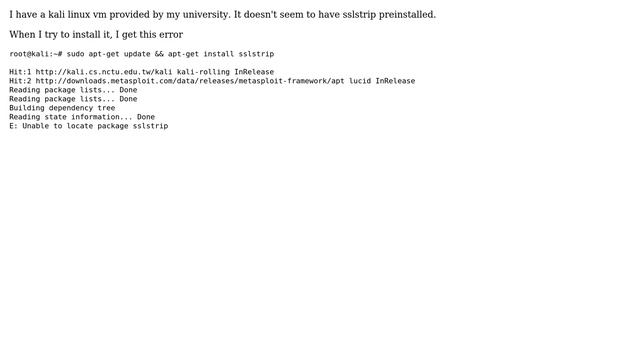 Unable to to install sslstrip in kali linux with "apt-get install sslstrip" causes error "Unable... смотреть онлайн