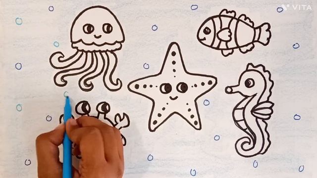 Sea Animals Drawing, Coloring and Painting |Easy and Basic Drawing Tips for Kids смотреть онлайн