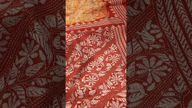 Golden and Red Color Pure Bishnupr Silk with Hand Batik and Hand Kantha Stitch смотреть онлайн