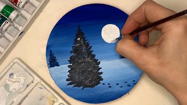 How to draw christmas landscape with acrilic step by step. Free art lessons. Drawing tutorial. смотреть онлайн