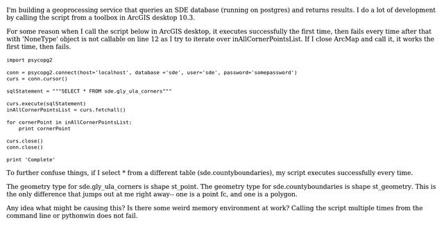 GIS: Can't execute a simple psycopg2 script twice when running from ArcGIS Desktop as a script tool смотреть онлайн
