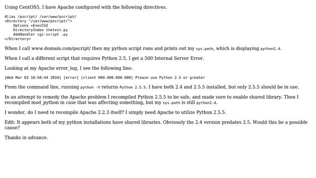 DevOps & SysAdmins: Apache using wrong Python version, 2.4 script working, 2.5 script failing смотреть онлайн
