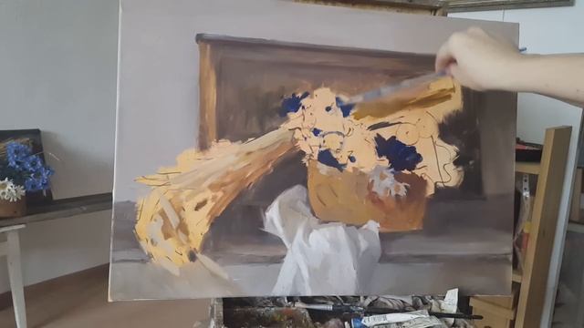 Натюрморт "Васильки и колоски". Живопись маслом в ограниченной цветовой палитре. смотреть онлайн