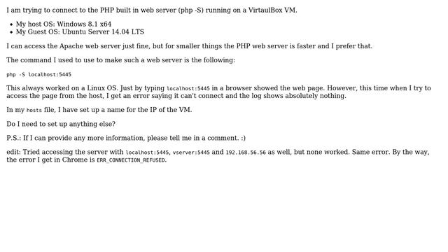 Accessing PHP web server running on a VirtualBox VM (with host-only network) смотреть онлайн