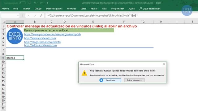 Mostrar u ocultar mensaje de actualización de vínculos y links al abrir un archivo de Excel смотреть онлайн