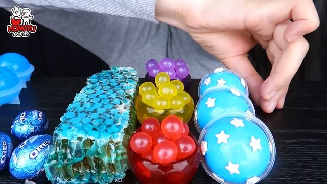 ASMR RAINBOW JELLO SHOOTER, BLUE HONEYCOMB 무지개 젤로슈터, 파란꿀, 레인보우 팝핑보바 GUMMY EATING SOUNDS MUKBANG 먹방 смотреть онлайн