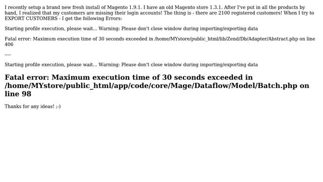 Magento: Fatal Error (time-out) when trying to Export Customers from Magento 1.3.1 смотреть онлайн