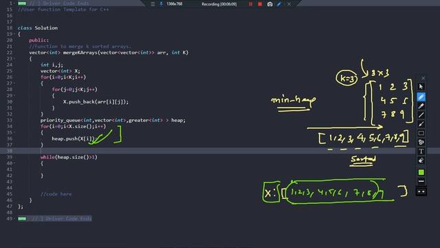 Heap : Merge k Sorted Arrays (O(K^2logK)) Approach смотреть онлайн