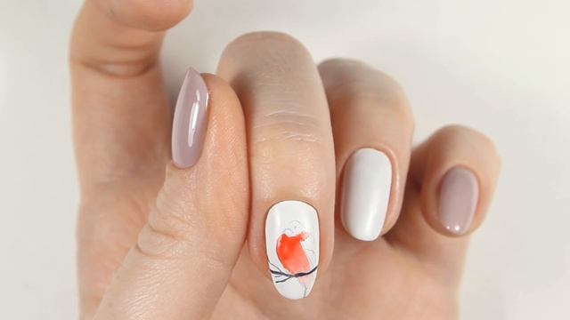 Зимний маникюр Снегири. Рисунок гель-лаком.  Зимний дизайн
