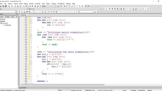 #9 Misol | Massivning Satr Va Ustun Elementlari Ustida Amallar |  C++ Da Misollar Yechish