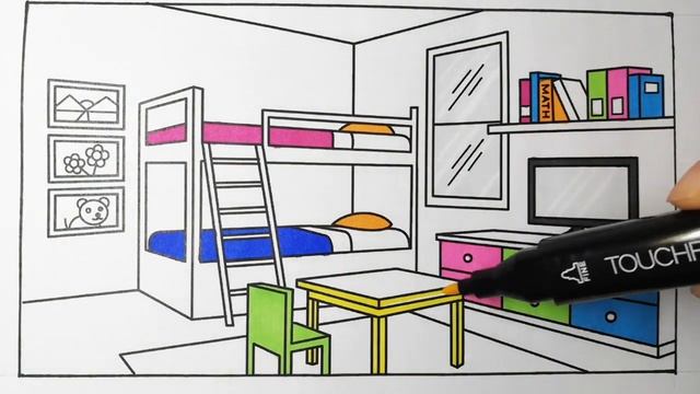 How to draw and color a bedroom for kids смотреть онлайн