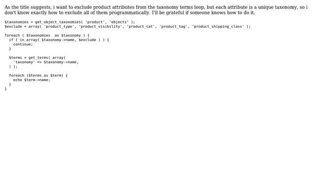 Wordpress: Exclude product attributes from taxonomy terms loop смотреть онлайн