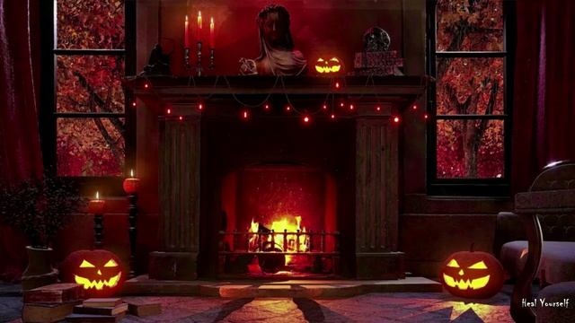 Cozy Autumn Halloween| Halloween Fireplace with Rain on Windows| Relaxing rain and fireplace sound смотреть онлайн