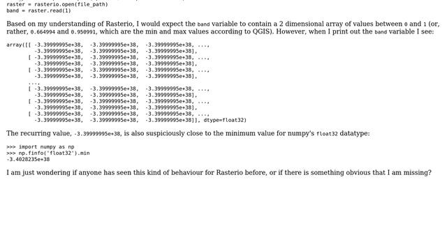 GIS: Rasterio read function producing uniform array or near-zero values for a non-uniform raster смотреть онлайн