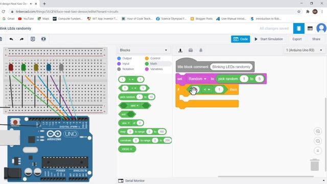 Blink 5 LEDs Randomly using Arduino in Tinkercad [Tinkercad Circuit] [Aruino Block Code] смотреть онлайн