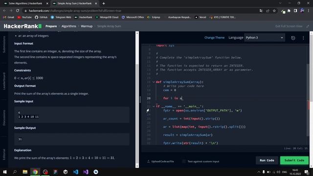 Simple Array Sum - Pythonla Hackerrank Sualları Həll Edirik #python смотреть онлайн