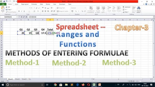 MS EXCEL Class 8 chapter 3 | Spreadsheet - Ranges and Functions | Methods of Entering Formulae смотреть онлайн