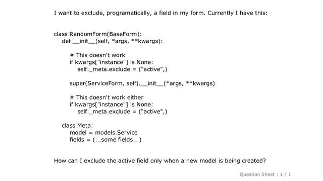 Django : Dynamically excluding field from Django ModelForm смотреть онлайн