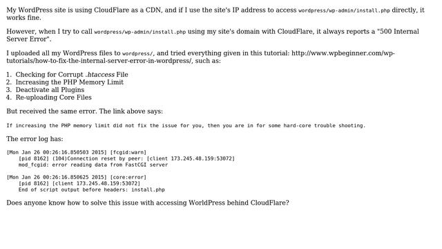 Webmasters: Receiving error 500 for WordPress when using CloudFlare as a CDN смотреть онлайн