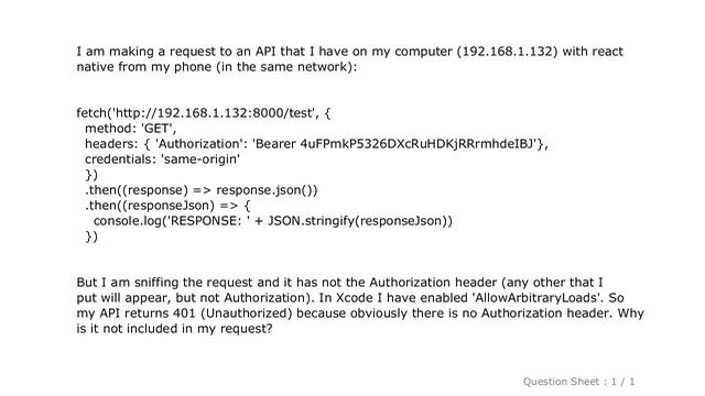 iOS : Authorization header not working in fetch - React Native смотреть онлайн