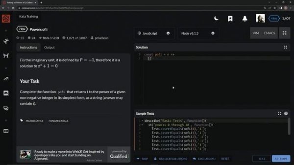 Codewars 7 kyu Powers of i Javascript
