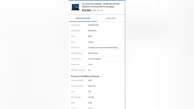 acer Dual Core A3020e - (4 GB/256 GB SSD/Windows 10 Home) EX215-22 Laptop Rs. 25000 смотреть онлайн