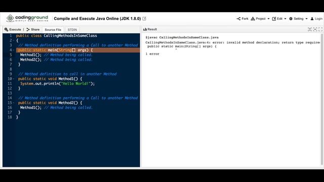 error: invalid method declaration; return type required public static Method1() { смотреть онлайн