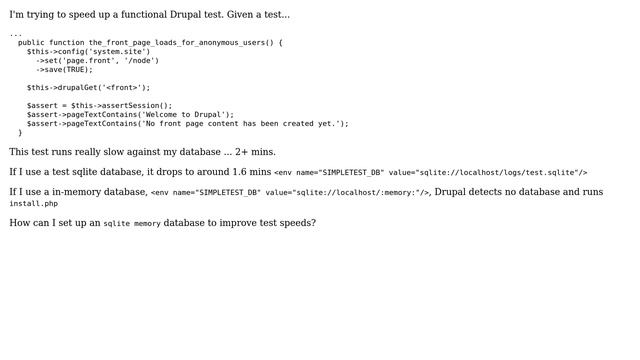 Drupal: How can I set up an a SQLite memory database to improve PHPUnit test speeds? смотреть онлайн