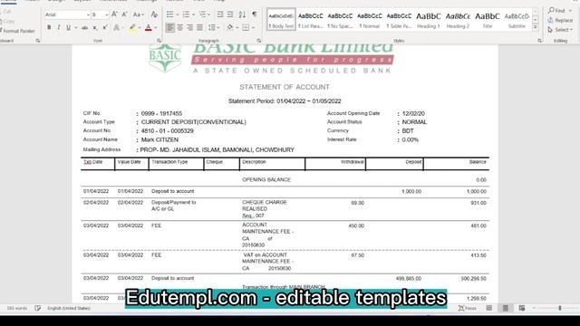 Bangladesh Basic banking statement Word and PDF template, 2 pages смотреть онлайн