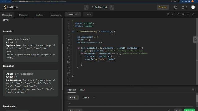LeetCode 1876. Substrings of Size Three with Distinct Characters JavaScript Sliding Window смотреть онлайн