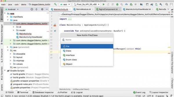 Android Kotlin Dagger2 Implementation using Retrofit2, MVVM, RecyclerView using GitHub API.