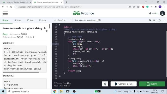 Reverse words in a given string | C++| GFG Problem of the Day 29-01-2022 смотреть онлайн