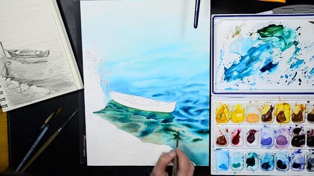 Море и лодка акварелью. A boat and sea in watercolors смотреть онлайн