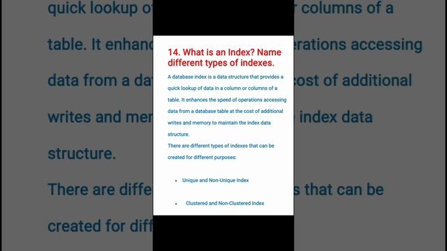 14.What is an Index? Name different types of indexes. | #sqlinterviewquestions #sql #databases смотреть онлайн