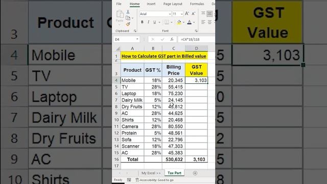 How to Calculate GST / Tax part in Billed Value in Excel | MS Excel смотреть онлайн