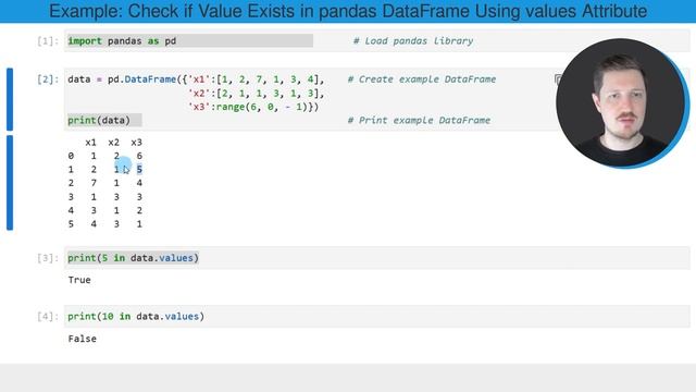 Determine if Value Exists in pandas DataFrame in Python (Sample) | values Attribute & print Functio смотреть онлайн