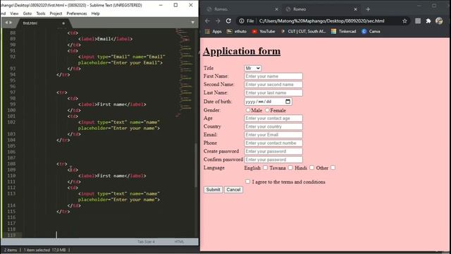 How to create application form in HTML | step by step with no step skipped. | Using sublime text смотреть онлайн