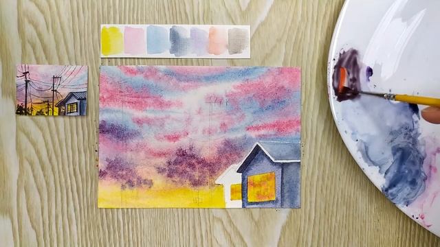 Как нарисовать закат акварелью. Прекрасный закат в домах. Акварель для начинающих смотреть онлайн